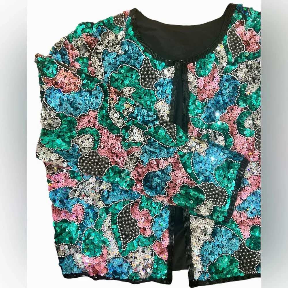 Open Front Sequined Jacket- Multicolor- Handmade - Picture 3 of 6